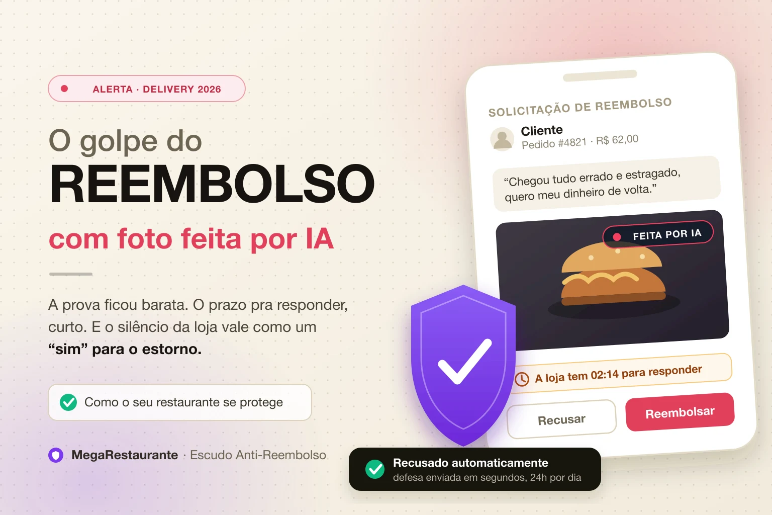 Solicitação de reembolso no delivery com foto de comida gerada por IA e o escudo anti-reembolso bloqueando o estorno