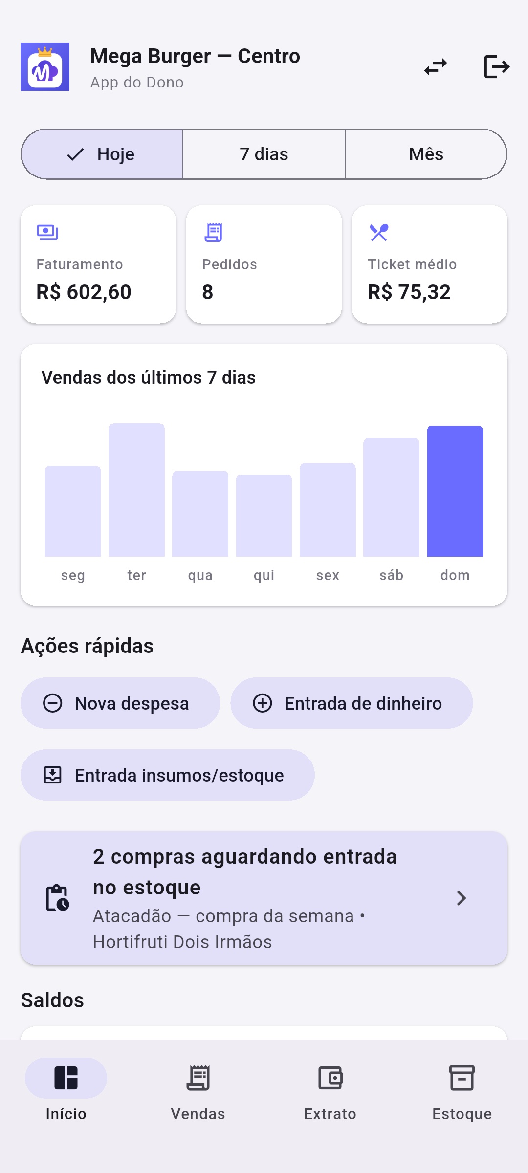 App do Dono do MegaRestaurante no celular, com o resumo de vendas do dia
