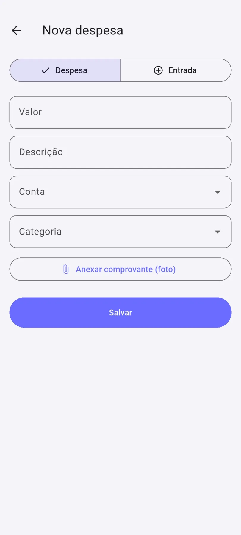 Tela de nova despesa no App do Dono com anexo de comprovante por foto