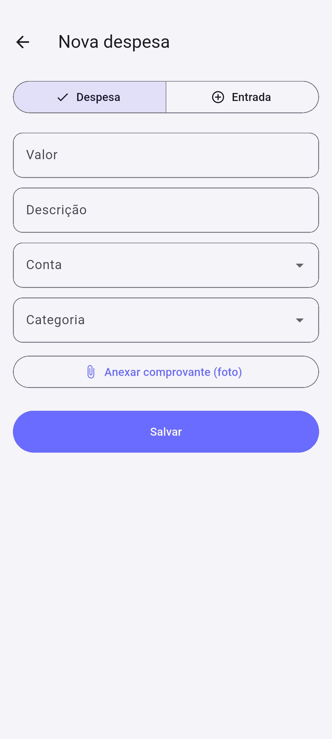 Tela de nova despesa no App do Dono com anexo de comprovante por foto