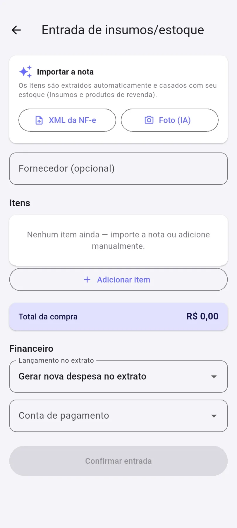 Entrada de estoque por foto da nota fiscal com IA no App do Dono