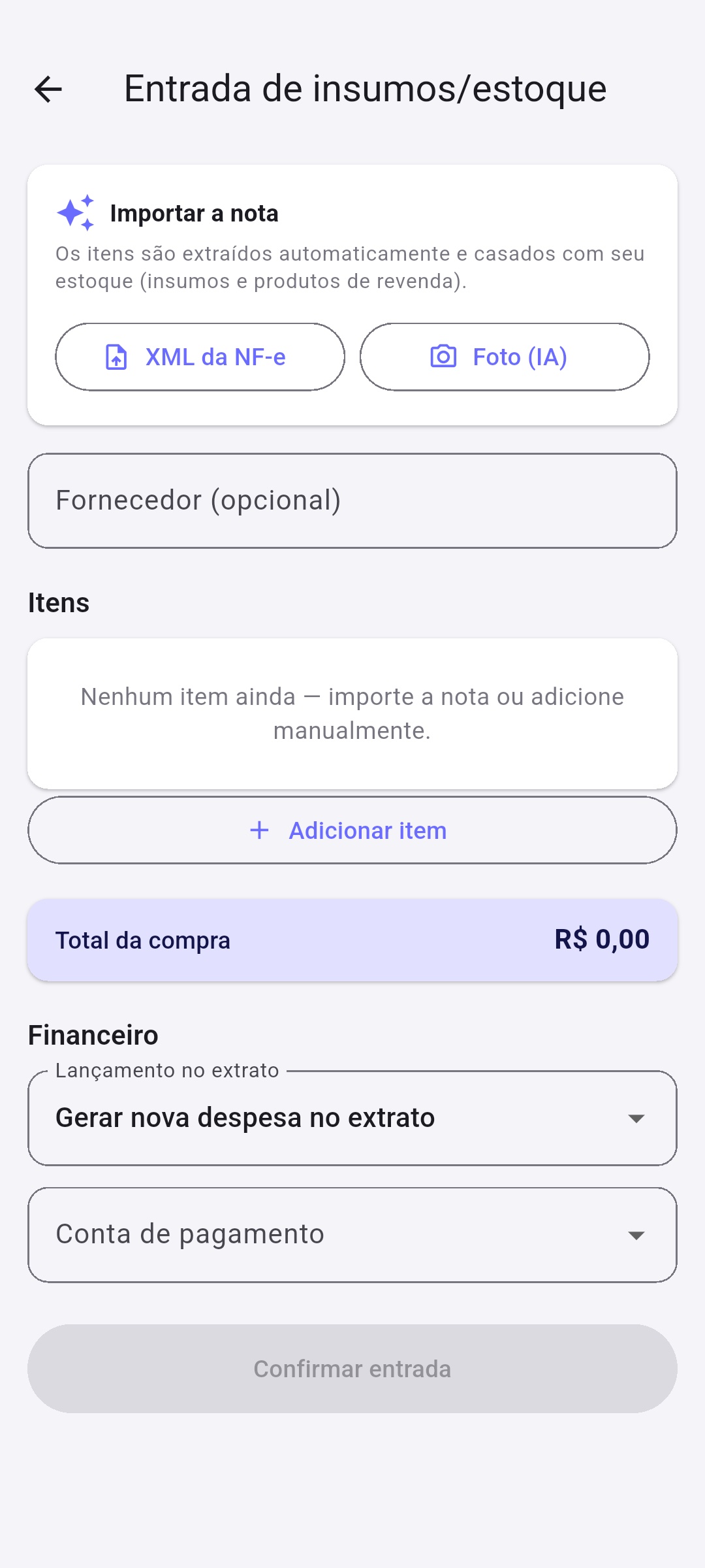 Entrada de estoque por foto da nota fiscal com IA no App do Dono
