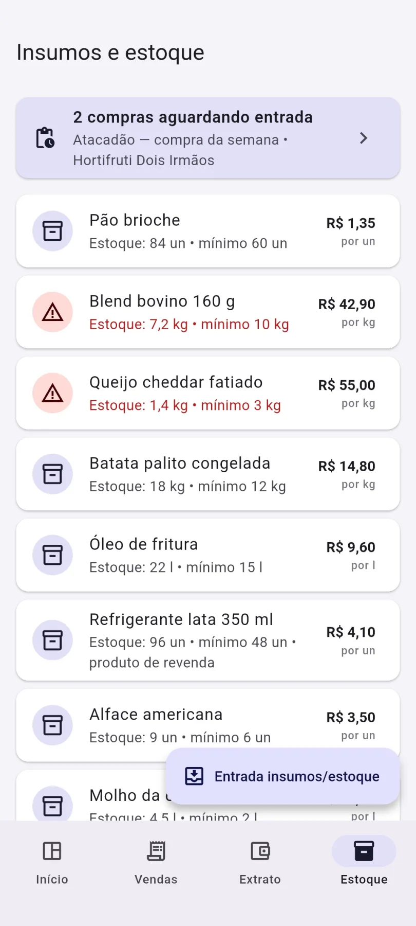 Lista de insumos e estoque no App do Dono com custo e alerta de baixo estoque