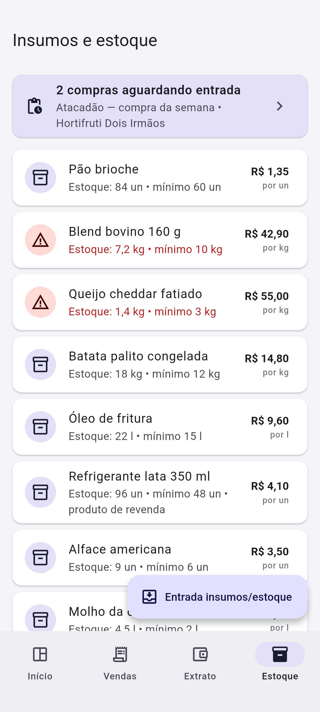 Lista de insumos e estoque no App do Dono com custo e alerta de baixo estoque