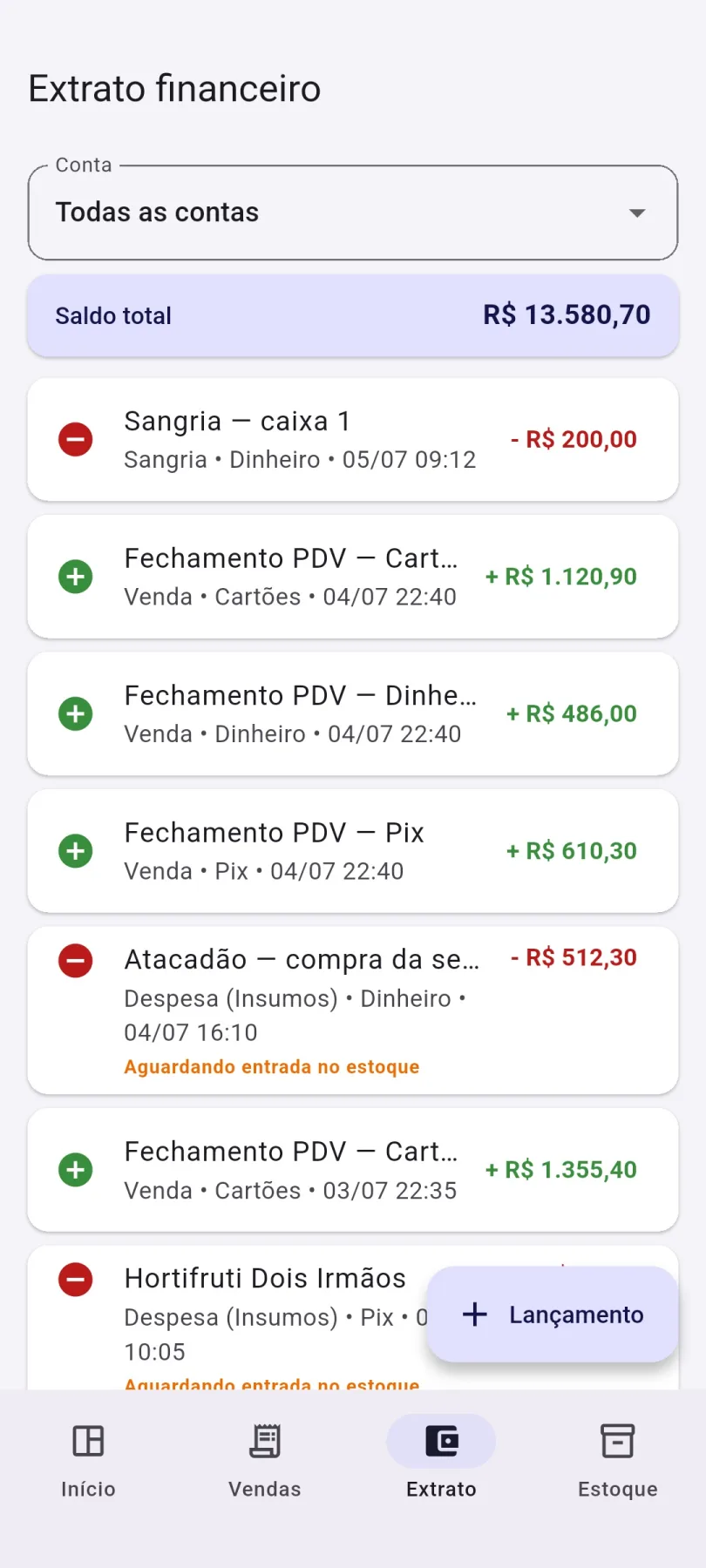 Extrato financeiro no App do Dono com saldo total e fechamentos de caixa
