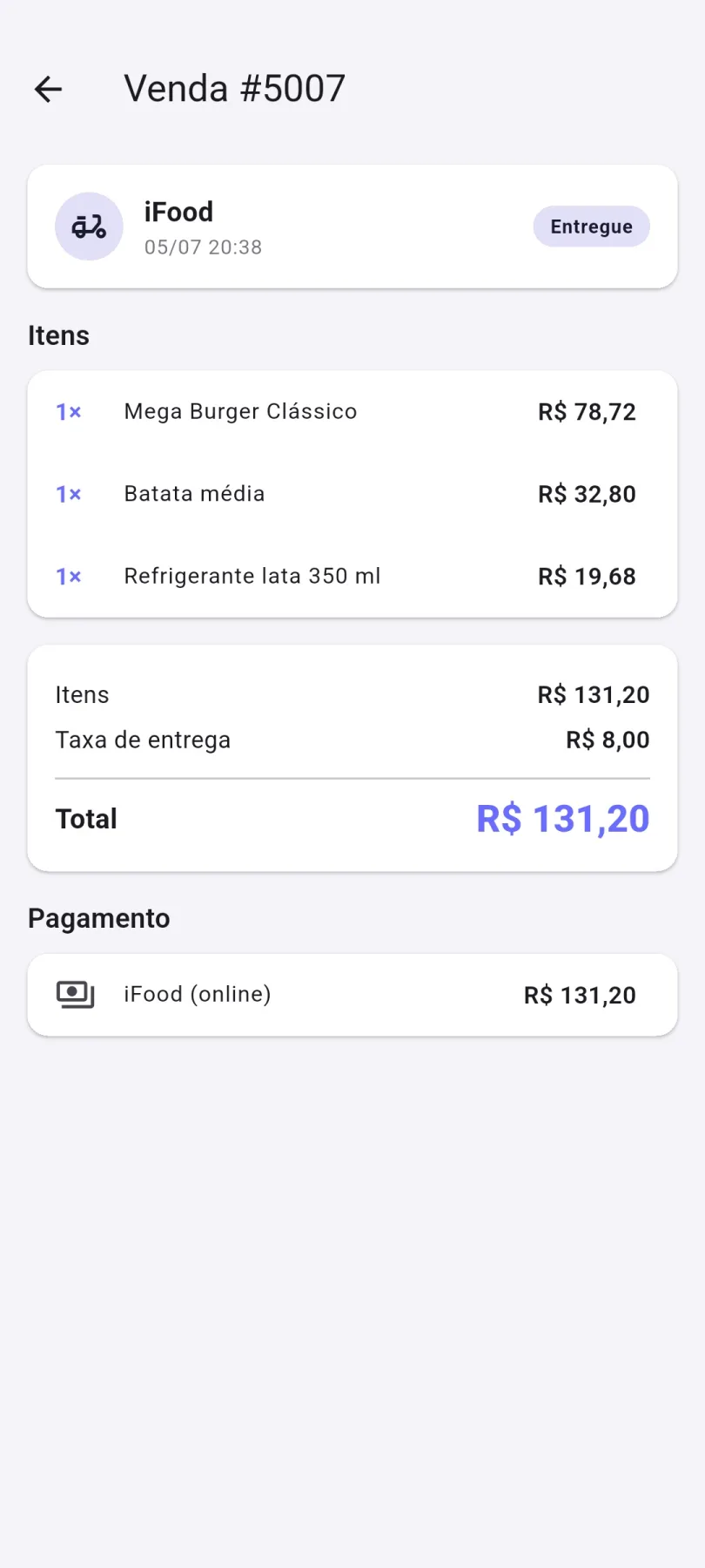 Detalhe de uma venda no App do Dono com itens, taxas e pagamento