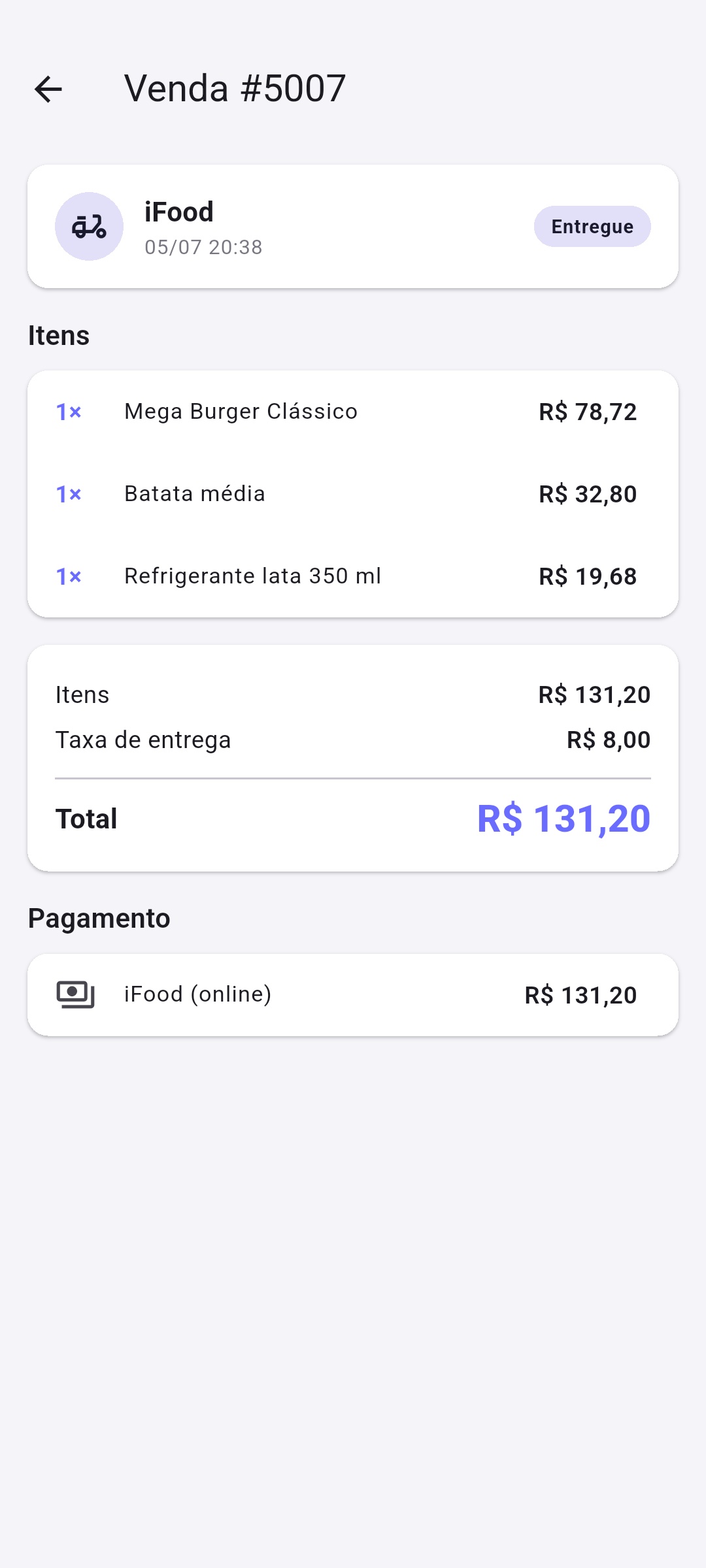 Detalhe de uma venda no App do Dono com itens, taxas e pagamento