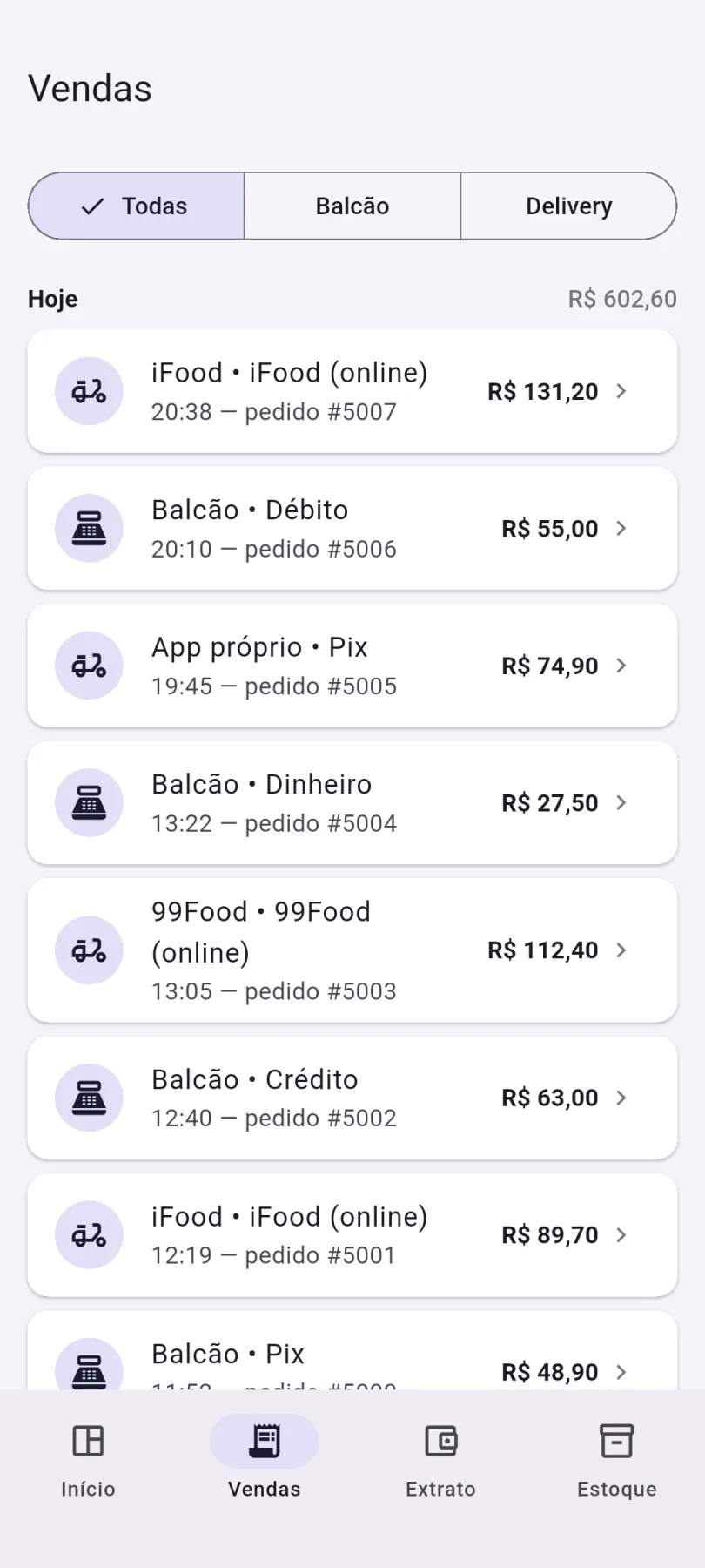 Lista de vendas do dia no App do Dono, com canal e forma de pagamento