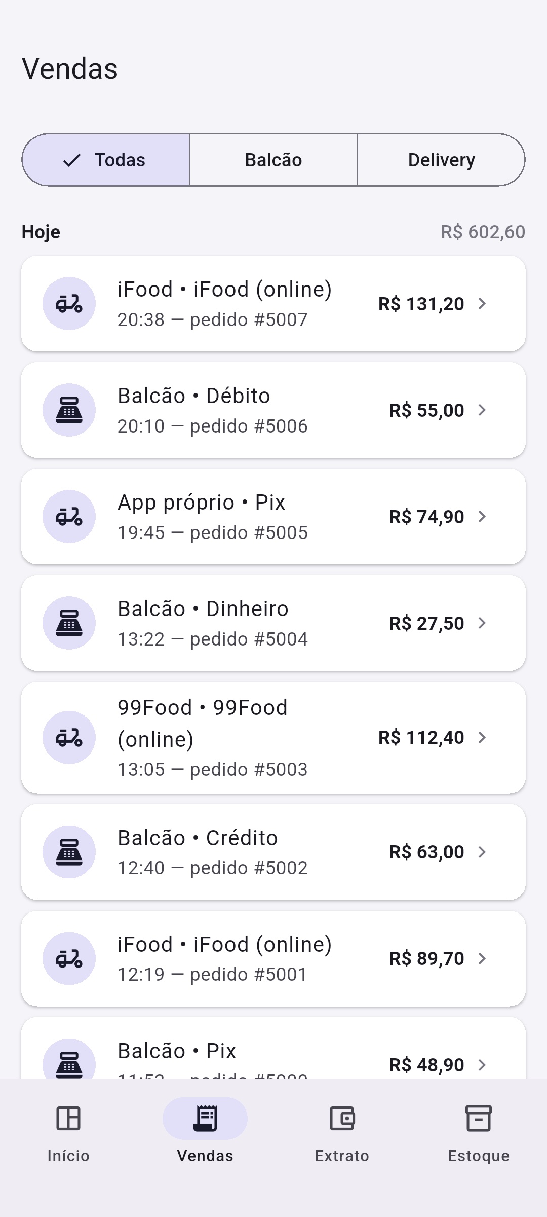 Lista de vendas do dia no App do Dono, com canal e forma de pagamento