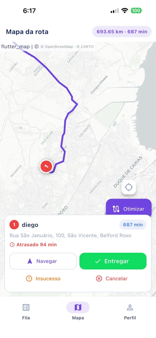 App do entregador do MegaRestaurante no celular, com a rota da entrega no mapa