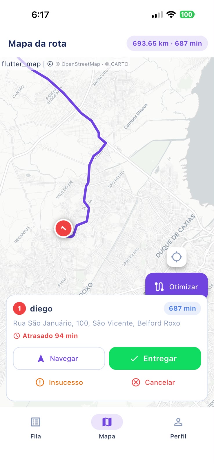 App do motoboy do MegaRestaurante com rota de entregas no mapa