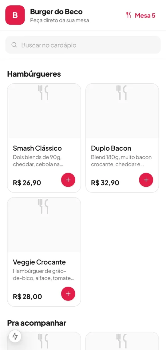 Tela de pedido na mesa do MegaRestaurante no celular, com o número da mesa, cardápio, fotos e preços